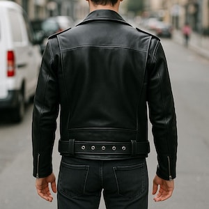 May include: A black leather jacket with a classic biker style, featuring a notched collar, zippered sleeves, and a belt at the waist. The jacket is paired with dark denim jeans. The person is standing on a city street.