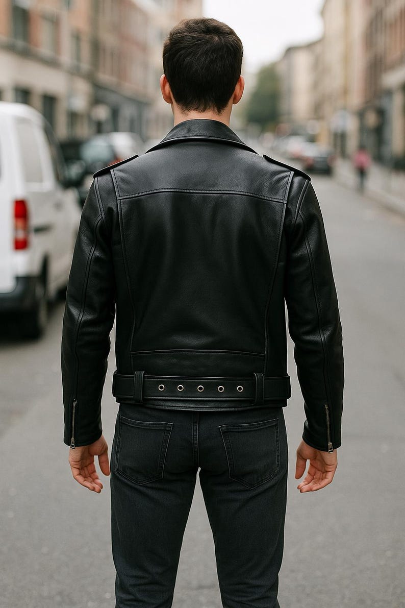 May include: A black leather jacket with a classic biker style, featuring a notched collar, zippered sleeves, and a belt at the waist. The jacket is paired with dark denim jeans. The person is standing on a city street.