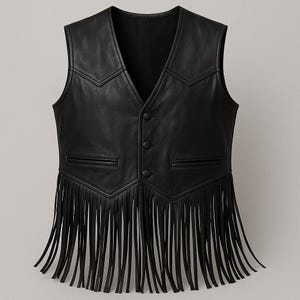 May include: A black leather vest with a V-neck and three button closure. The vest features two front pockets and decorative fringe along the bottom hem. The vest has a classic western style.