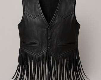 Chaleco de piel de oveja auténtica con flecos para hombre / Atuendo de músico de rock western para escenario / Chaleco largo de vaquero motero con flecos, chaleco personalizado