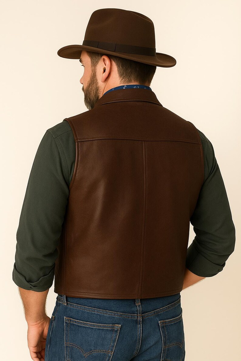 May include: A brown leather vest with a collared design. The vest is worn over a dark green long-sleeve shirt and blue jeans. A brown fedora hat completes the outfit.