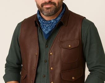 Chaleco de cuero para hombre estilo vaquero del oeste / Marrón y negro / Multibolsillos / Ropa de trabajo para exteriores / Tallas XS a 6XL / Estilo ranchero/motero vintage / Regalo ideal para él