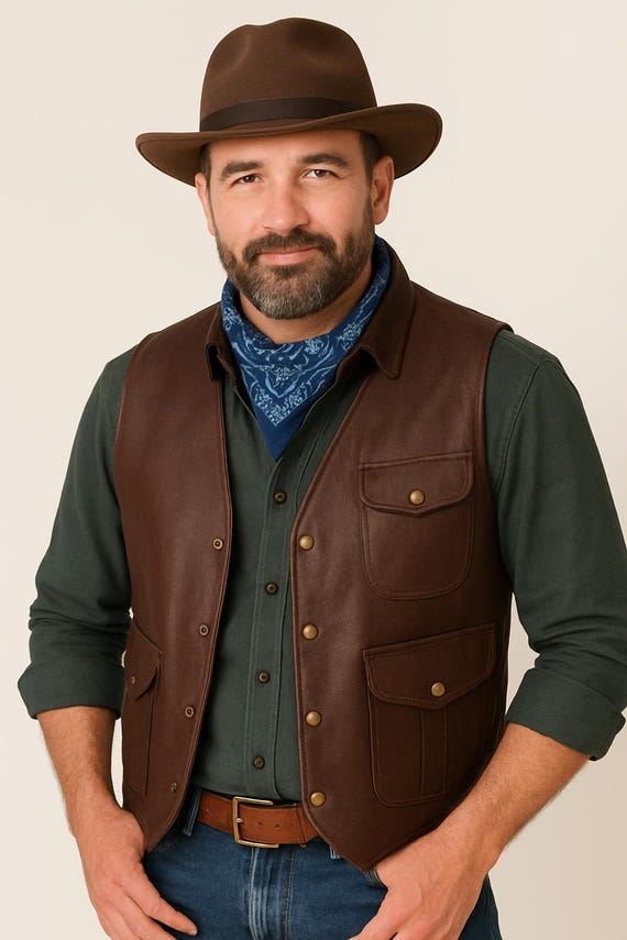 Men’s Leather Vest Western Cowboy Style | Brown & Black | Multi Pocket Outdoor Workwear | XS–6XL | Ranch Biker Vintage Look Gift for Him
