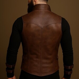 May include: A brown leather vest with a high collar and decorative stitching. The vest has two front pockets and adjustable straps on the sides. The model is wearing a black long-sleeve shirt and black pants.