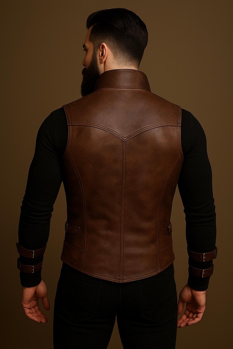 May include: A brown leather vest with a high collar and decorative stitching. The vest has two front pockets and adjustable straps on the sides. The model is wearing a black long-sleeve shirt and black pants.