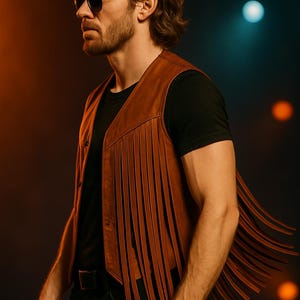 Op de afbeelding: Een bruin leren vest met lange franjes. Het vest wordt gedragen over een zwart t-shirt en gecombineerd met een zwarte broek. De persoon op de foto draagt een zonnebril.
