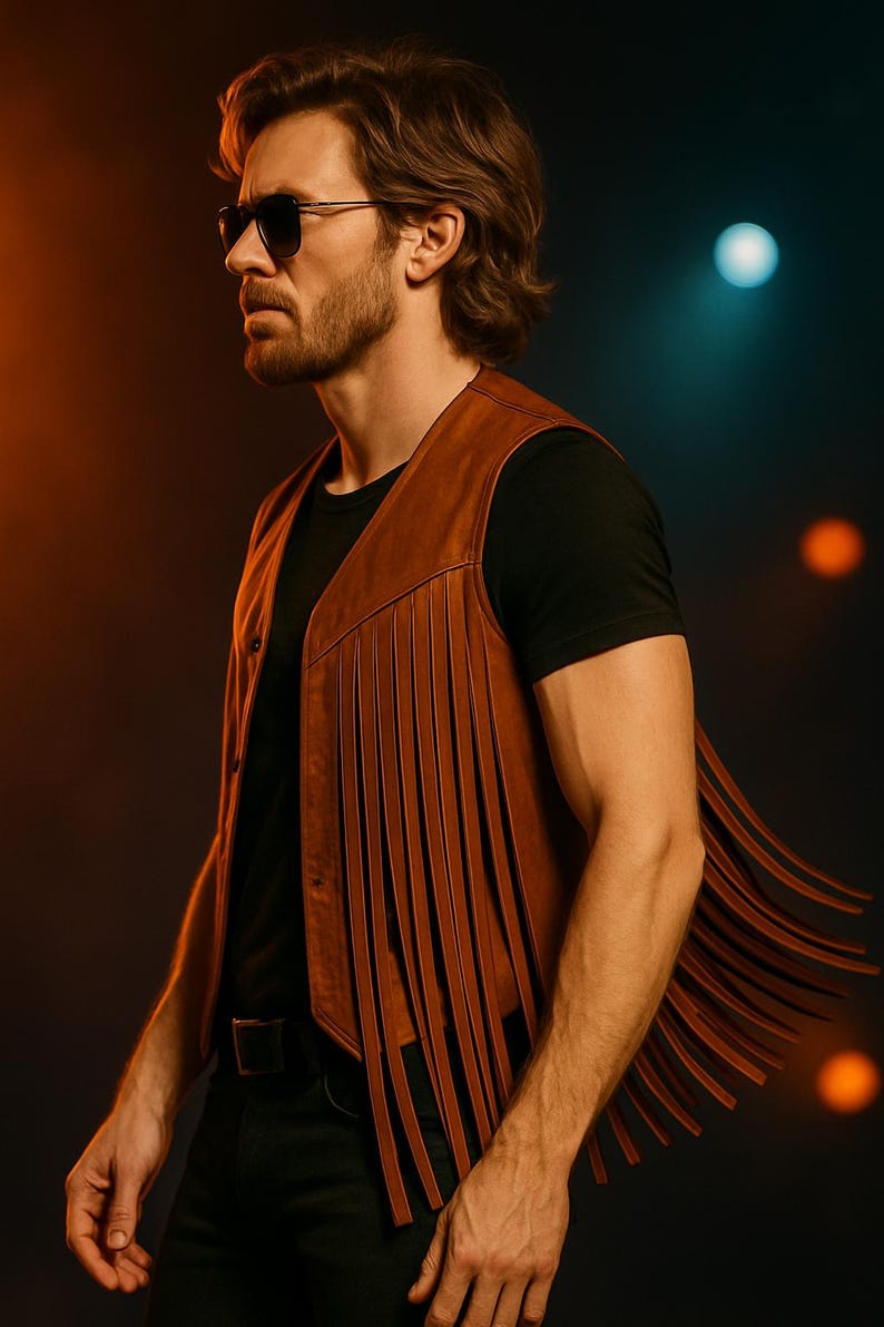 Op de afbeelding: Een bruin leren vest met lange franjes. Het vest wordt gedragen over een zwart t-shirt en gecombineerd met een zwarte broek. De persoon op de foto draagt een zonnebril.