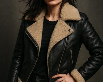 Chaqueta de piel de oveja para mujer / Abrigo de aviador de piel de oveja auténtica / Chaqueta de motociclista de invierno / Tallas grandes XS–6XL / Estilo vintage negro y marrón