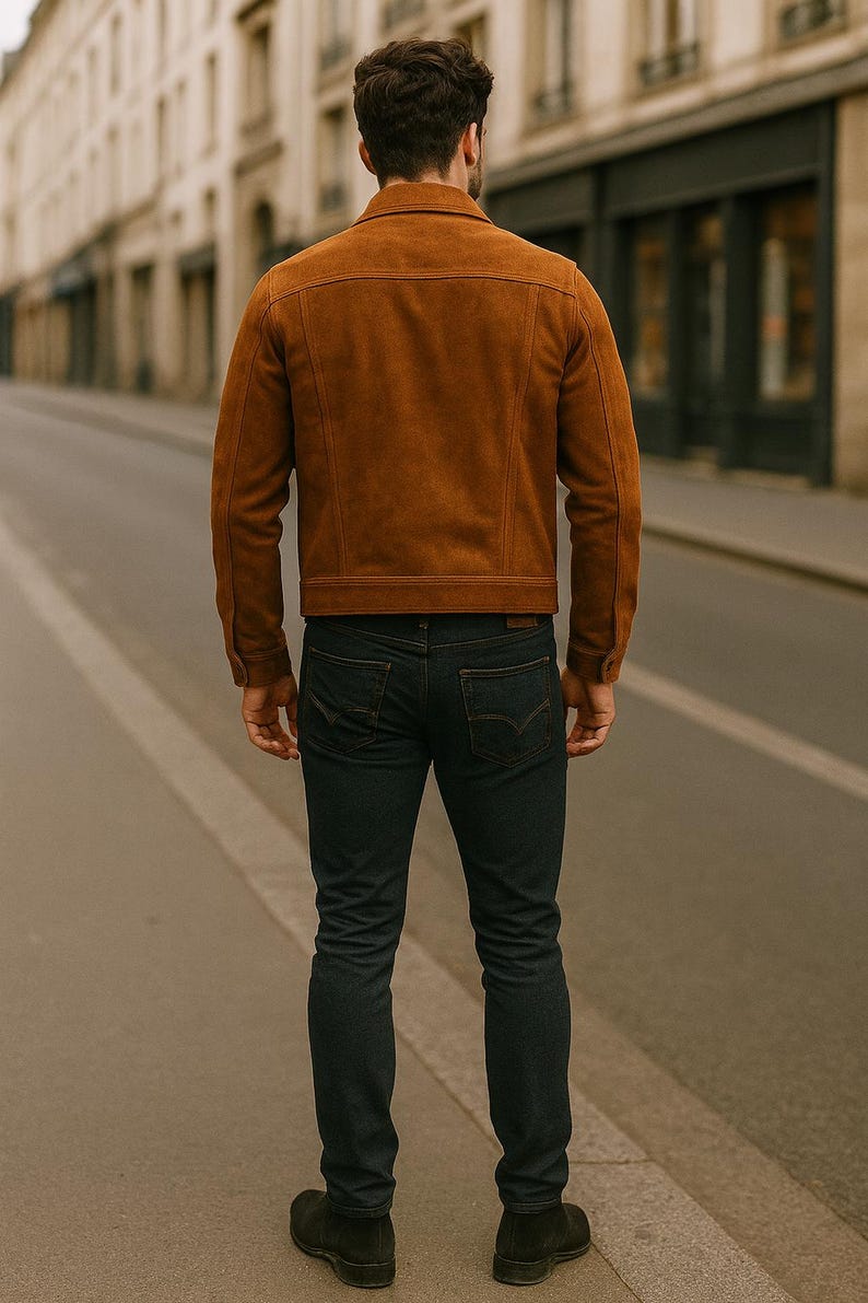 May include: A brown suede jacket and dark blue jeans. The jacket has a classic design with a collar and button closure. The jeans are a slim fit. The person is standing on a city street.