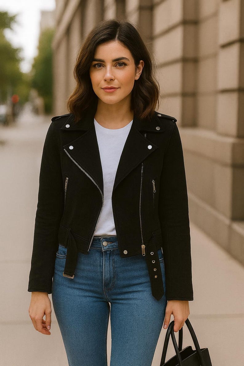 May include: A black jacket with silver zippers and snaps, paired with a white t-shirt and blue jeans. The jacket has a classic biker style with a belted waist. The outfit is completed with a black handbag.