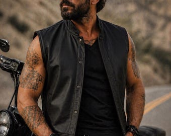 Mens Leather Biker Vest Sheep Leather | Black Brown Navy Blue Vest | Motorcycle Waistcoat | Vintage Style Vest XS–6XL  Handmade Leather Vest