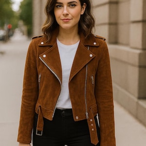 May include: A brown suede jacket with a classic biker style, featuring a notched collar, asymmetrical zipper, and snap details. The jacket is paired with a white t-shirt and black pants, creating a stylish ensemble.