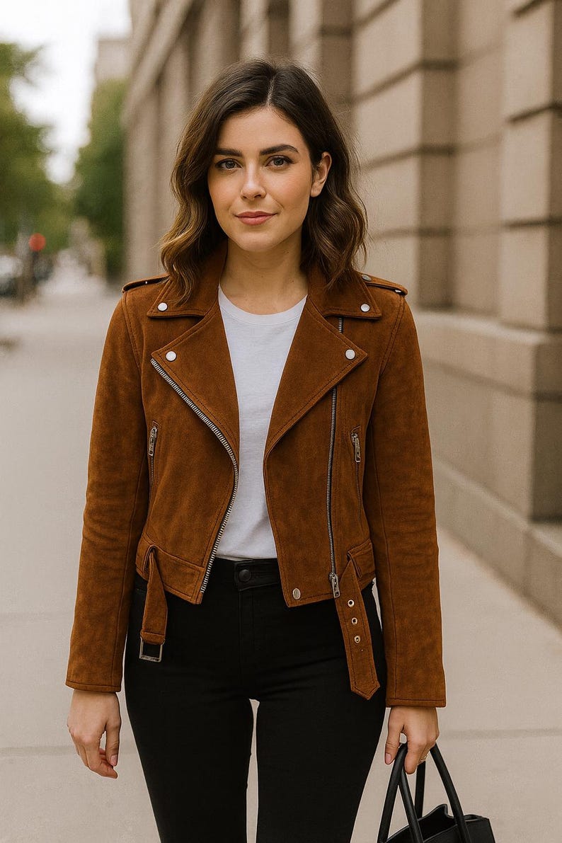 May include: A brown suede jacket with a classic biker style, featuring a notched collar, asymmetrical zipper, and snap details. The jacket is paired with a white t-shirt and black pants, creating a stylish ensemble.