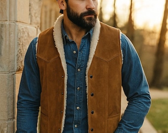 Chaleco de ante con forro de borrego para hombre / Chaleco vaquero estilo sherpa / Ideal para combinar con otras prendas en invierno / Marrón y negro / Tallas XS-6XL / Estilo rústico vintage
