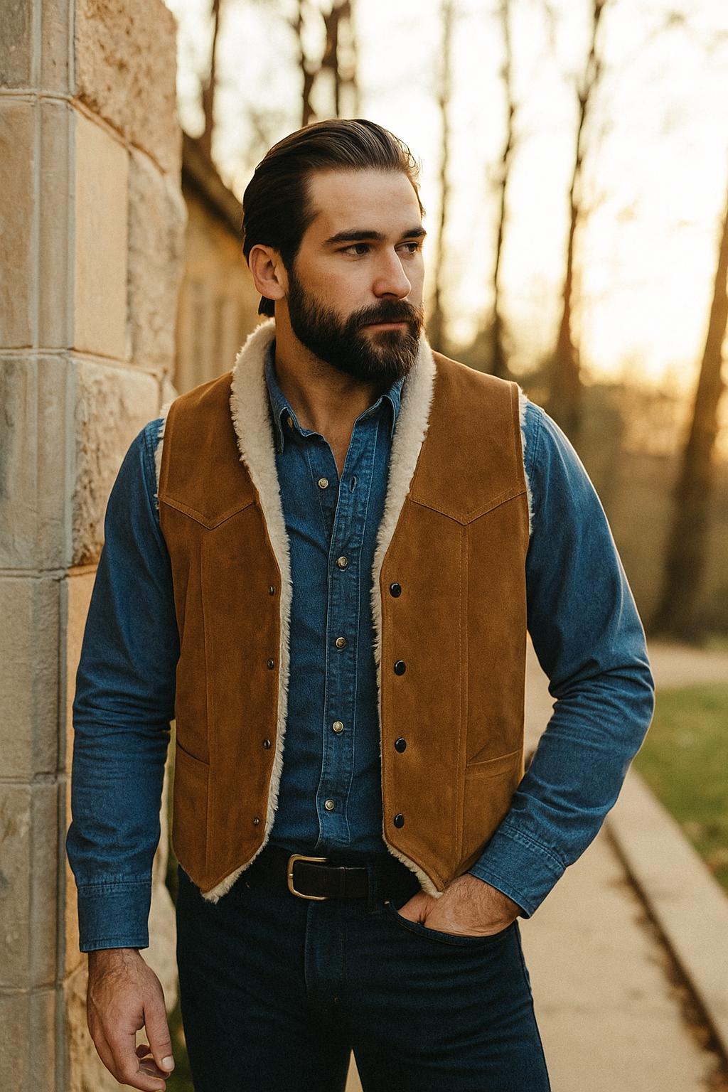 Men's Shearling Lined Suede Vest | Western Cowboy Sherpa Vest