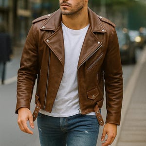 May include: A brown leather motorcycle jacket with a classic asymmetrical zipper design. The jacket features a notched collar, shoulder epaulets, and a small pocket. The person is wearing a white t-shirt and blue jeans.