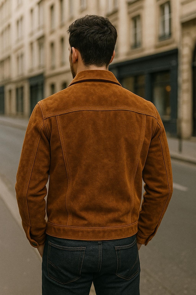 May include: A tan suede jacket with a classic collar and button closure. The jacket has a tailored fit and features visible stitching details. The person is wearing dark blue jeans. The image is taken outdoors.