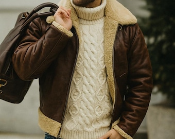 Chaqueta bomber de piel de oveja para hombre / Abrigo de invierno estilo aviador vintage / Chaqueta de vuelo marrón de piel de oveja / Regalo para él / Tallas XS-6XL / Cuello de piel cálido