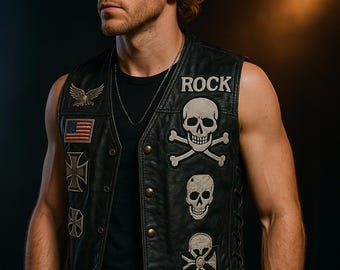 Chaleco de cuero con parches de rock para hombre / Chaleco estilo motero / Parches de calavera y águila / Cordones laterales / Tallas XS–6XL / Ropa de escenario y moda rock