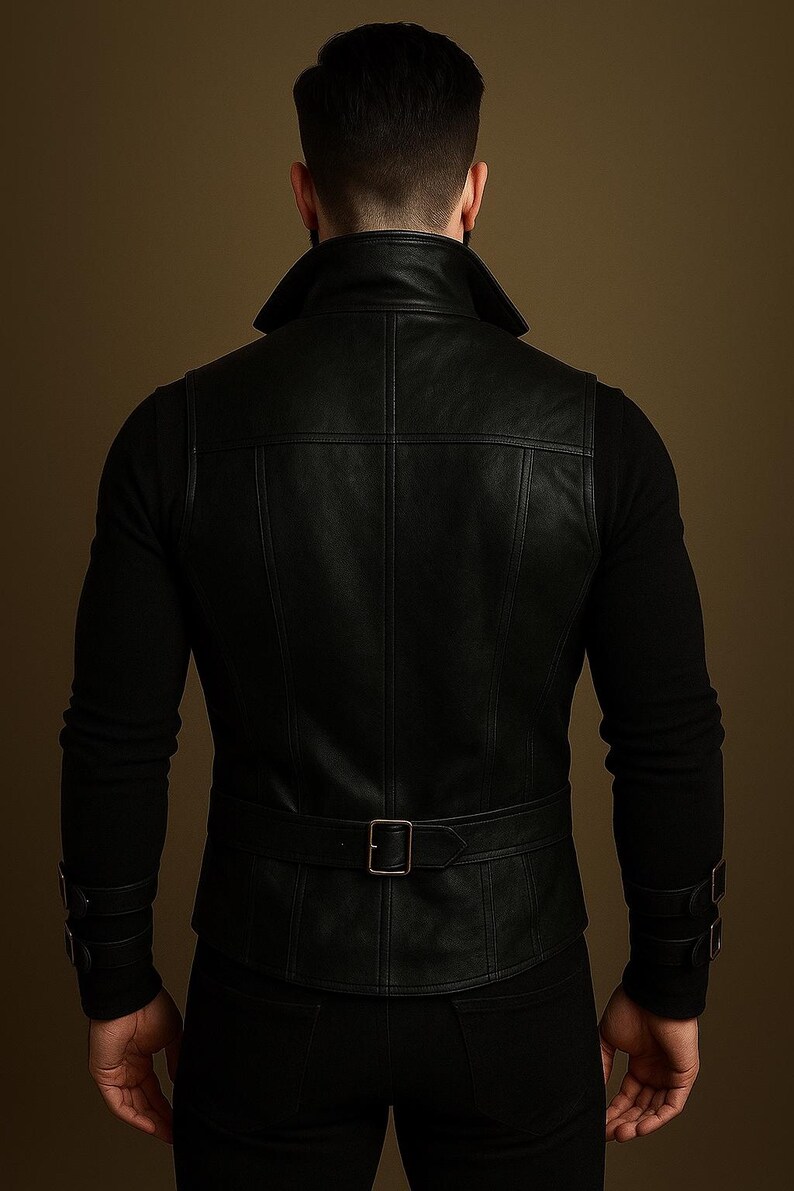 May include: Black leather vest with a notched collar, belt, and buckle details. The vest has a tailored fit and is worn over a black long-sleeved shirt. The back of the vest features vertical and horizontal stitching.