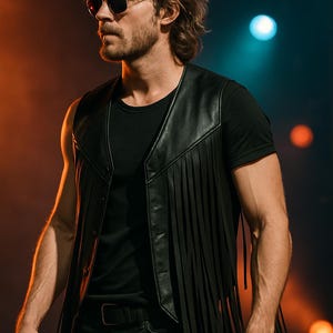 Op de afbeelding: Een zwart leren vest met franjes, gedragen over een zwart t-shirt. De persoon draagt een zonnebril en een zwarte jeans. De achtergrond heeft oranje en blauwe podiumverlichting.
