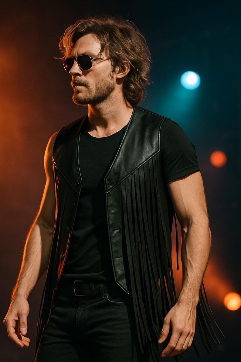 Op de afbeelding: Een zwart leren vest met franjes, gedragen over een zwart t-shirt. De persoon draagt een zonnebril en een zwarte jeans. De achtergrond heeft oranje en blauwe podiumverlichting.