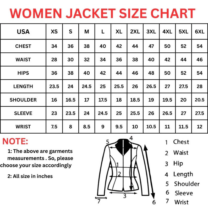 May include: A women's jacket size chart with measurements in inches for chest, waist, hips, length, shoulder, sleeve, and wrist. The chart includes sizes XS to 6XL. A diagram of a jacket illustrates the measurement points.
