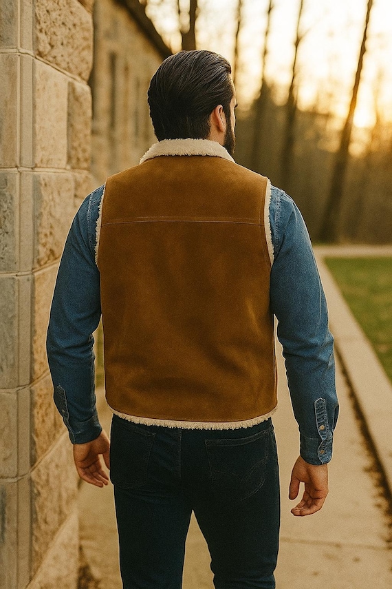 Men's Shearling Lined Suede Vest | Western Cowboy Sherpa Vest