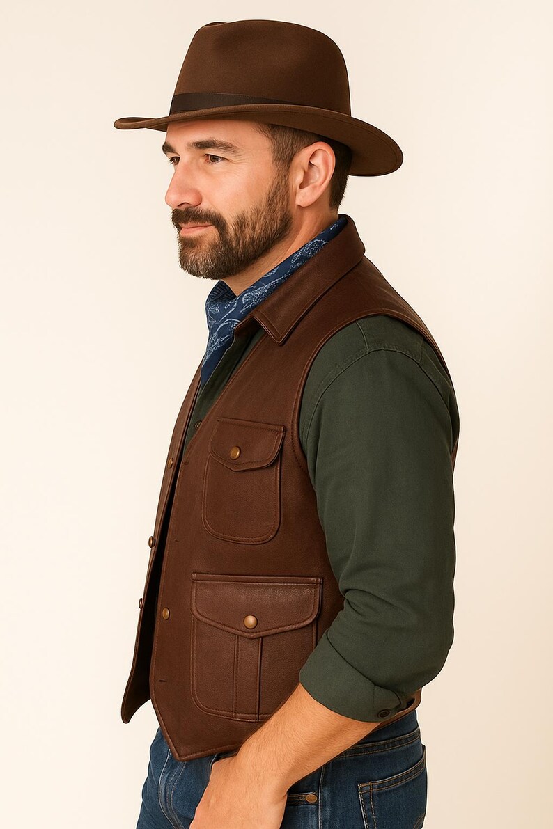 May include: A brown leather vest with two front pockets and a button closure. The vest is worn over a dark green long-sleeved shirt and paired with a brown fedora hat and a blue bandana.