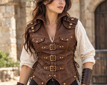 Women’s Leather Steampunk Vest, Gothic Biker Waistcoat, Medieval Corset Vest, Real Leather Costume Top