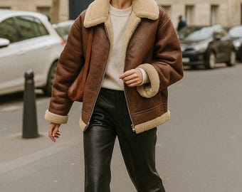 Chaqueta de aviador de piel de oveja para mujer, abrigo bomber de piel de oveja auténtica con cuello de piel, chaqueta de invierno de lujo, regalo para ella: marrón, negro, azul.