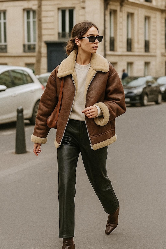 Women’s Shearling Aviator Jacket, Genuine Sheep Leather Bomber Coat with Fur Collar, Luxury Winter Jacket Gift for Her – Brown, Black, Blue,