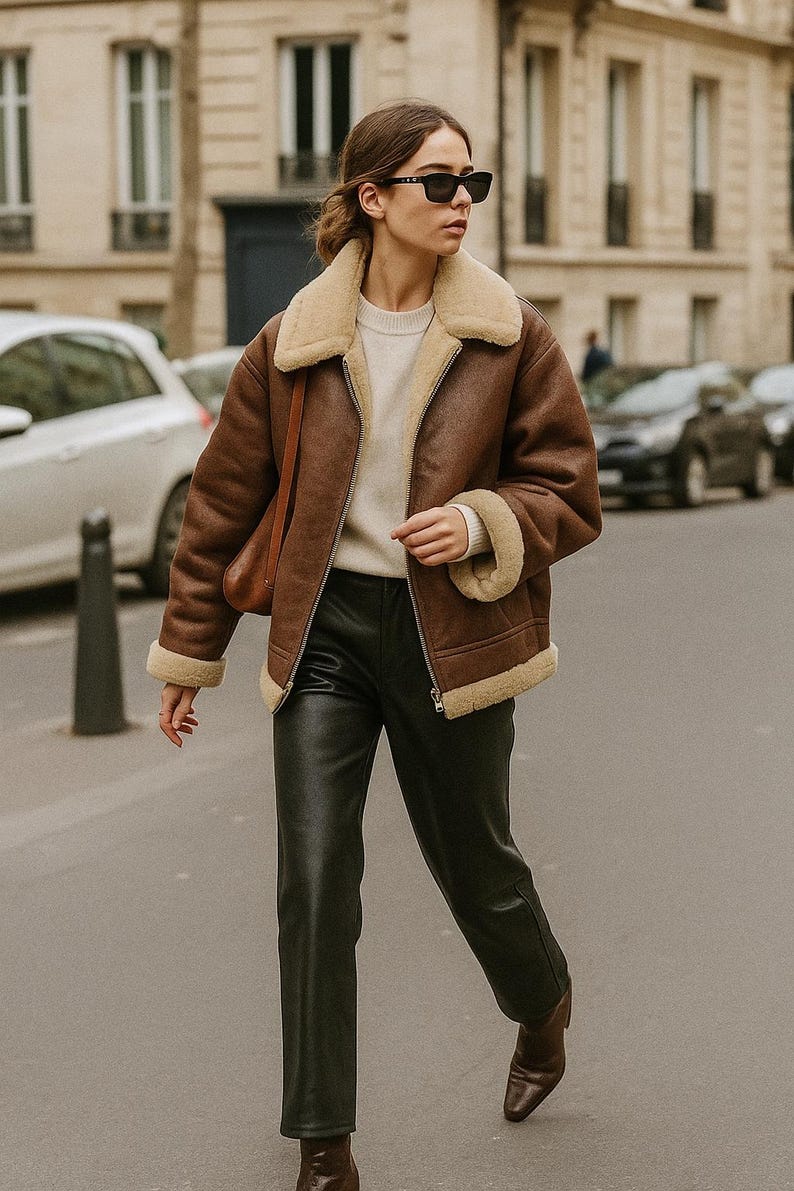 May include: A brown shearling jacket with a cream-colored lining and collar. The jacket is worn over a cream-colored sweater and paired with black leather pants. The outfit is completed with brown boots and sunglasses.