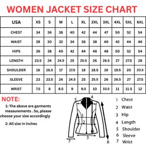May include: A women's jacket size chart with measurements in inches for chest, waist, hips, length, shoulder, sleeve, and wrist. The chart includes sizes XS to 6XL. A diagram of a jacket illustrates the measurement points.