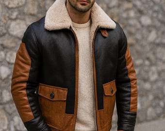 Chaqueta de aviador de piel de oveja para hombre / Chaqueta bomber de piel auténtica marrón y negra con cuello de piel / Chaqueta de piloto cálida de invierno / Regalo hecho a mano para él