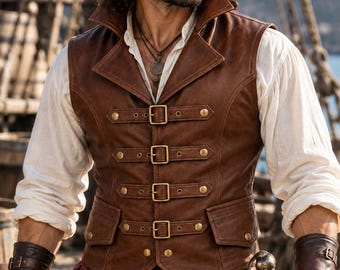 Men’s Steampunk Leather Vest | Gothic Buckle Strap Vest | Vintage Black & Brown Leather Waistcoat | Handmade Festival Outfit | XS–6XL