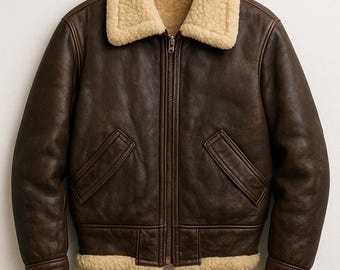 Chaqueta bomber de piel de oveja para hombre / Abrigo de invierno estilo aviador vintage / Chaqueta de vuelo marrón de piel de oveja / Regalo para él / Tallas XS-6XL / Cuello de piel cálido