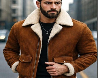 Chaqueta de piel de ante con borrego para hombre / Chaqueta bomber de aviador de invierno / Abrigo con forro de borrego negro y marrón / Regalo para él / Tallas XS a 6XL