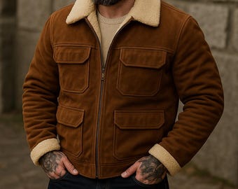 Chaqueta de ante marrón para hombre / Abrigo estilo camionero de ante auténtico con forro de borreguillo / Chaqueta de cuero cálida para invierno / Chaqueta vintage hecha a mano