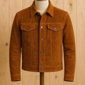 May include: A brown suede jacket with a classic design. The jacket has a collared neckline, two chest pockets, and a button-up front. The jacket is displayed on a wooden mannequin against a wooden background.