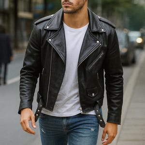May include: A black leather motorcycle jacket with silver zippers and snaps. The jacket is worn over a white t-shirt and paired with blue jeans. The model is walking on a city street.