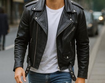 Chaqueta de motociclista de cuero genuino para hombre / Estilo motociclista clásico en negro, marrón y burdeos / Chaqueta de cuero para hombre hecha a mano XS-6XL / Elegante ropa de calle
