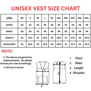 May include: A unisex vest size chart with measurements in inches. The chart includes chest, waist, length, and shoulder measurements for sizes XS to 6XL. The text at the top reads "UNISEX VEST SIZE CHART".