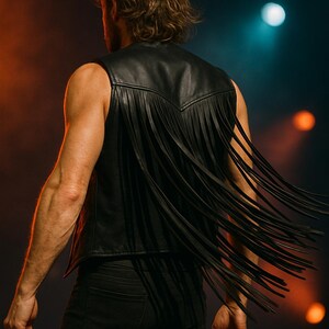 Op de afbeelding: Een zwart leren vest met lange franjes. Het vest is mouwloos en wordt over een zwart shirt gedragen. De persoon draagt een zwarte jeans. De achtergrond heeft oranje en blauwe podiumverlichting.