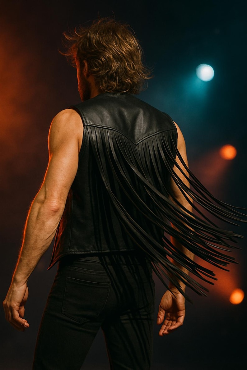 Op de afbeelding: Een zwart leren vest met lange franjes. Het vest is mouwloos en wordt over een zwart shirt gedragen. De persoon draagt een zwarte jeans. De achtergrond heeft oranje en blauwe podiumverlichting.