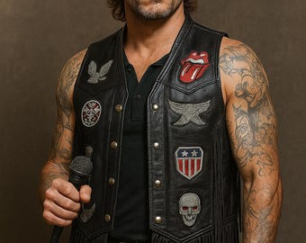Chaleco de cuero negro hecho a mano con flecos estilo motero / Chaleco de motociclista con parche rock para hombre / Estilo gótico western / Chaqueta punk retro vintage