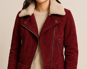 Chaqueta de aviador de borrego para mujer / Abrigo de piel de ante con hebillas / Estilo motero de invierno / Marrón claro, granate, negro / Chaqueta motera con forro de borrego