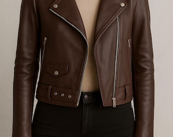 Chaqueta de motociclista de cuero genuino para mujer / Chaqueta de moto de piel de cordero auténtica / Abrigo de cuero marrón y negro hecho a mano / Chaqueta elegante de corte entallado, regalo para ella