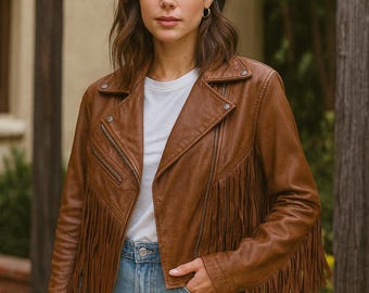 Chaqueta de cuero con flecos para mujer: chaqueta motera estilo western, abrigo de cuero con flecos, chaqueta vaquera bohemia / Tallas XS-6XL / Negro y marrón