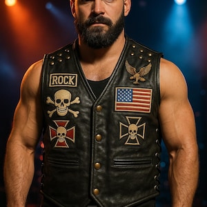 Peut inclure: Gilet en cuir noir avec des clous dorés et des écussons, dont une tête de mort et des os croisés, un drapeau américain et un aigle. Le gilet porte le mot "ROCK" sur un écusson.